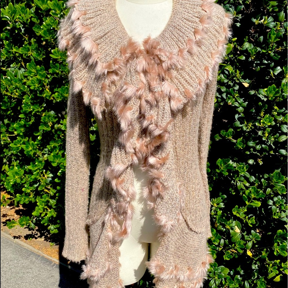 Vintage Knitted Long Cardigan in Beige and Pink